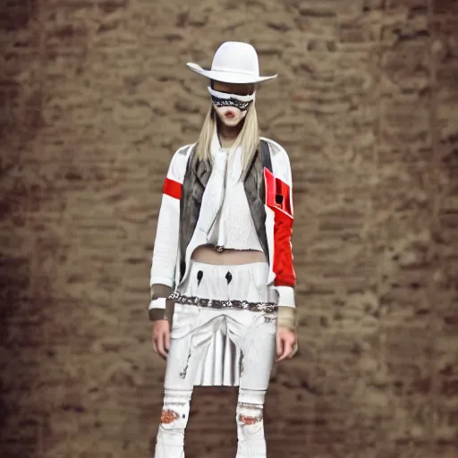 Image similar to isabel marant spring summer streetwear collection, fashion show, in the style of grand chamaco and pedro conti and stanley kubrick, inspired by die antwoord, photorealistic, epic, super technical, 3 d render