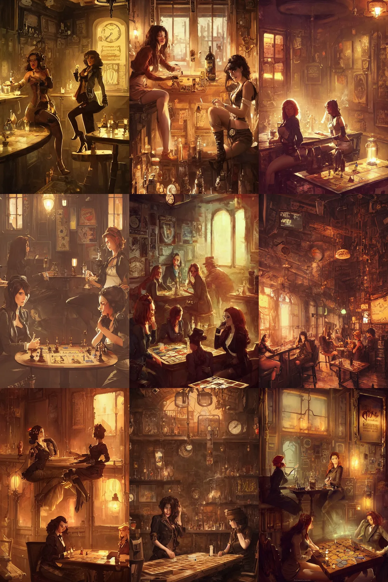 Prompt: women in the interior of a steampunk pub, Greg Rutkowski, Milo Manara, night time, smoking cigarettes, playing board games, highly detailed, Quentin Tarantino movie posters, pulp fiction, level design, concept art, artstation, cgsociety, zenith view