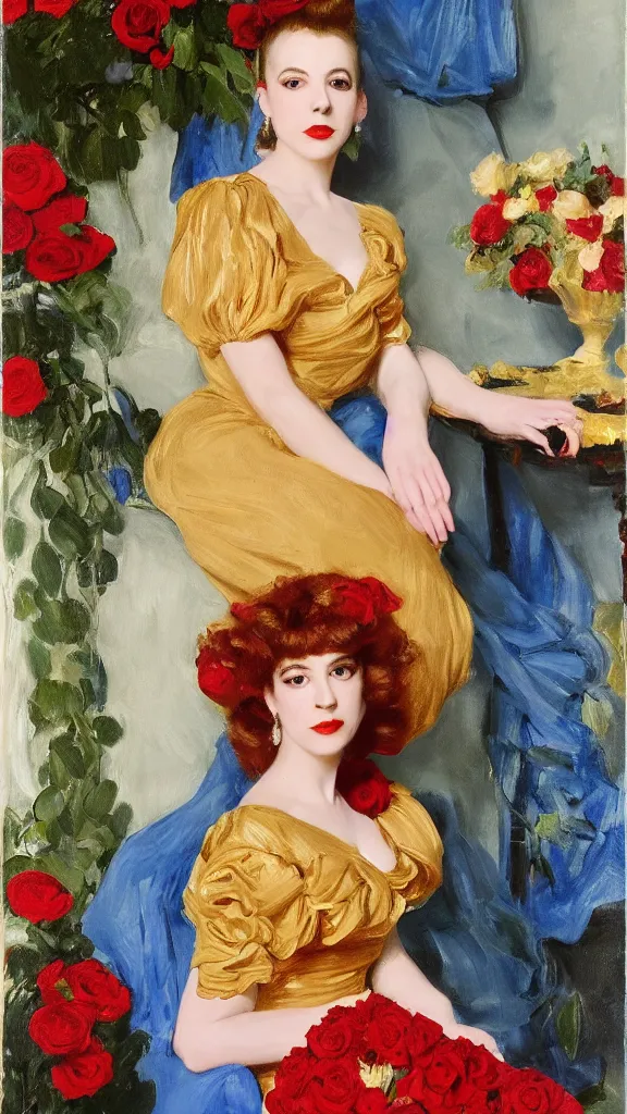 Image similar to portrait of young julee cruise in detailed golden sleeve balloon dress beside a pot of red roses, a persian blue detailed curtain in back painted by john singer sargent