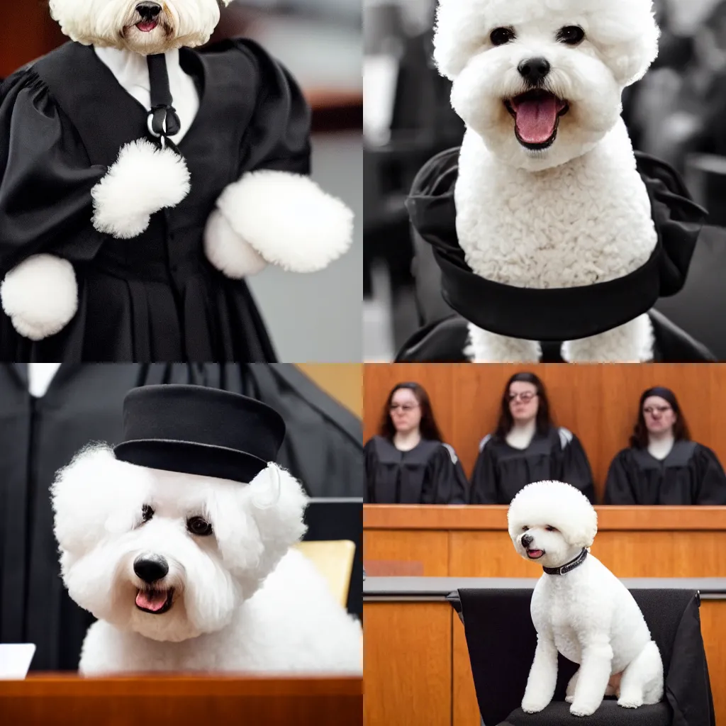 Image similar to a closeup photorealistic photograph of a cute smiling white bichon frise judge wearing a black gown and speaking to the courtroom. this 4 k hd image is trending on artstation, featured on behance, well - rendered, extra crisp, features intricate detail, epic composition and the style of unreal engine.