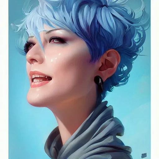 Image similar to a beautiful painting of a smiling woman with stylish short blue hair representative of the art style of artgerm and wlop and peter mohrbacher