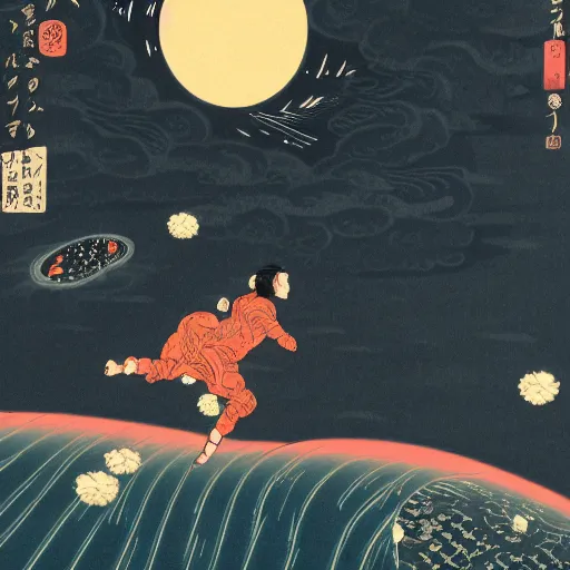 Image similar to a man falling into a black hole ukiyo - e, radiant light, detailed and intricate environment, 4 k, trending on art station, beautiful