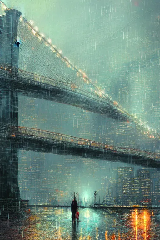 Prompt: beautiful digital illustration Brooklyn Bridge in the rain bokeh and sunrays by Marc Simonetti