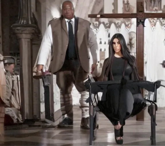 Image similar to a movie still of kim kardashian as a handcuffed prisoner with a chain around her neck bonded to a steel chair on the alter of a church