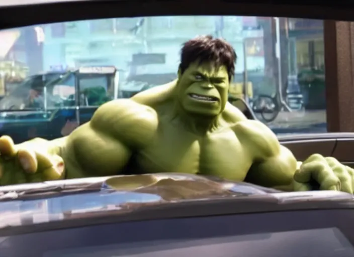 Image similar to film still of hulk working at mcdonalds drive through in the new avengers movie, 4 k