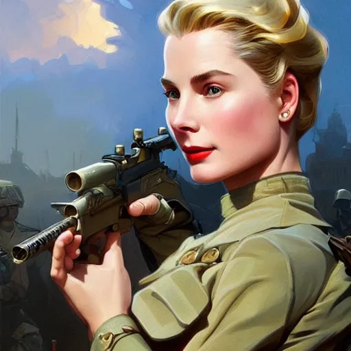 Image similar to Grace Kelly as a US Army Soldier, western, D&D, fantasy, intricate, elegant, highly detailed, digital painting, artstation, concept art, matte, sharp focus, illustration, art by Artgerm and Greg Rutkowski and Alphonse Mucha