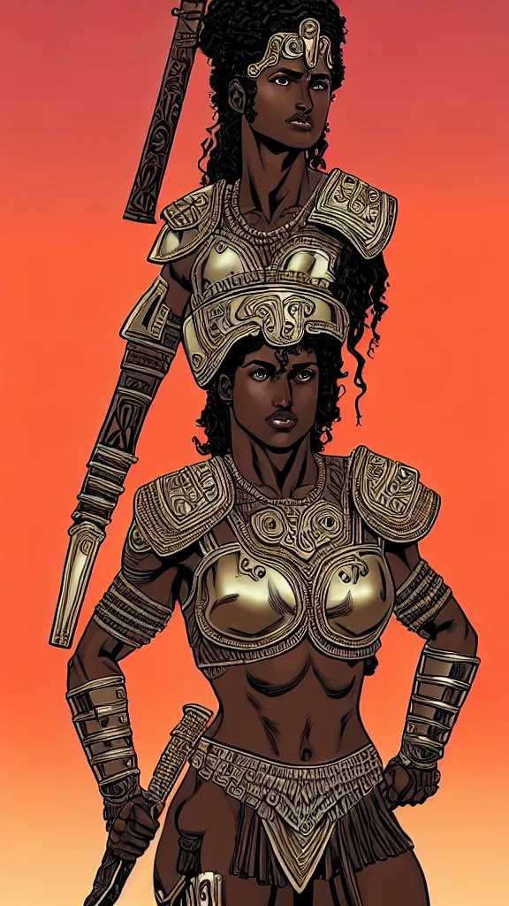 Image similar to greek amazon female warrior, a tall beautiful woman with brown skin and long curly dark hair, dressed in hellenistic body armour, intricate, elegant, highly detailed, smooth, sharp focus, detailed face, high contrast, graphic novel, art by laurie greasley