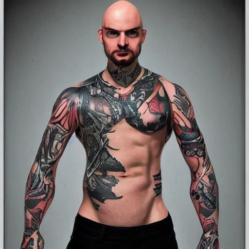 Image similar to muscular bald man, tattooed body, sword in hands, HD, anime style,