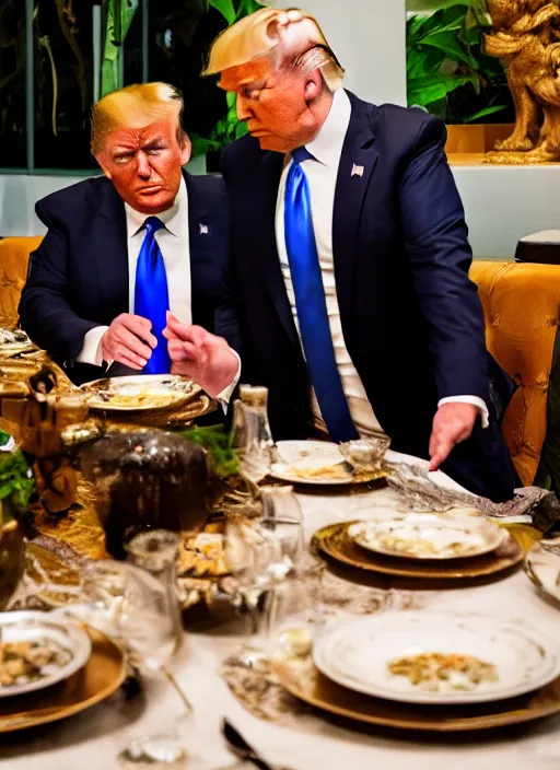 Image similar to Trump and Biden having dinner at a fancy Balinese restaurant, award winning photography, 85mm, perfect faces