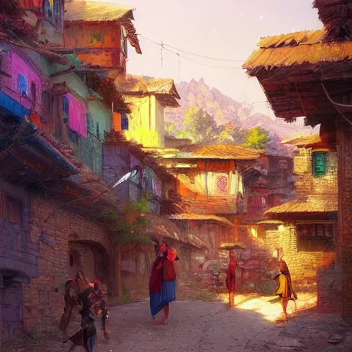 Image similar to colorful Kurdish village, anime, a fantasy digital painting by Greg Rutkowski and James Gurney, trending on Artstation, highly detailed