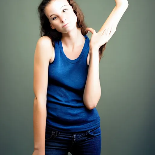 Image similar to portrait of a beautiful young woman, front view. casual clothing. studio photo by annie leibovitz.