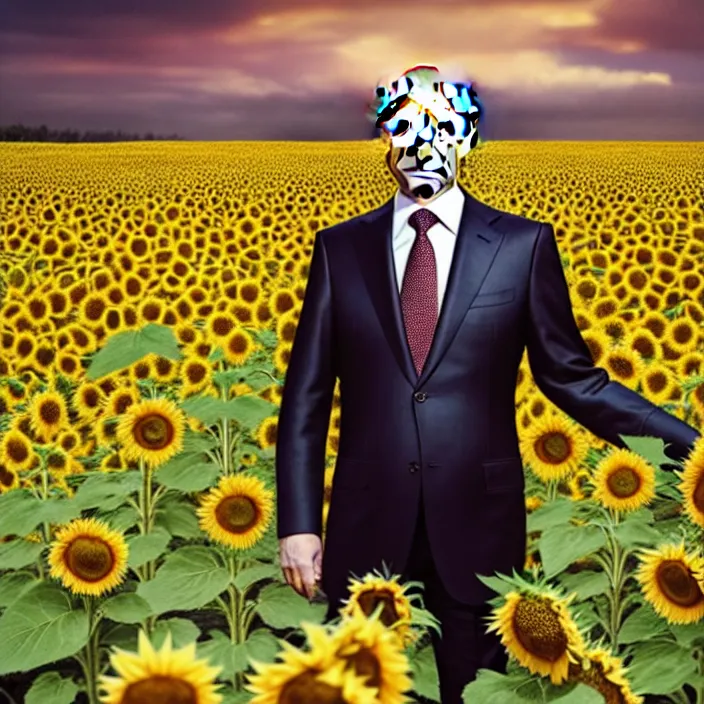 Image similar to photo portrait of Vladimir Putin in sunflower field, dressed in shirt with ornamental ethereal sunflower pattern, natural skin tone, explosion and fire in the background, elegant, Realistic, Refined, Highly Detailed, natural soft pastel lighting colors scheme, fine art photography by Cecil Beaton, volumetric lighting, hyper realistic photography