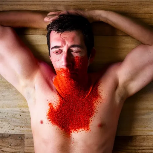 Prompt: exhausted man covered in paprika