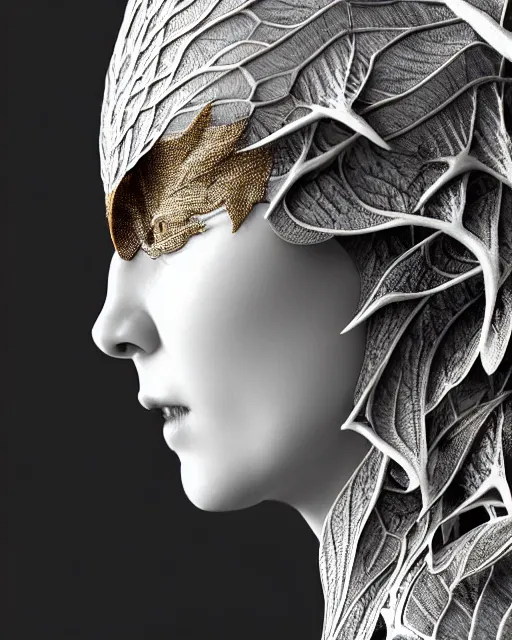 Image similar to bw close - up profile face, black background, beautiful porcelain vegetal dragon cyborg young female, 1 5 0 mm, beautiful natural soft rim light, silver gold details, magnolia leaves and stems, roots, fine lace, mandelbot fractal, elegant, ultra detailed, white metallic armour, octane render, h. r. giger style