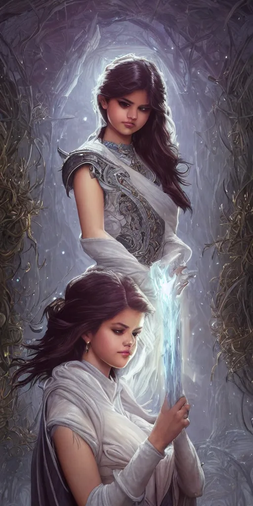 Image similar to Selena Gomez casting an frost spell, D&D, fantasy, intricate, elegant, highly detailed, digital painting, artstation, concept art, matte, sharp focus, illustration, hearthstone, art by Artgerm and Greg Rutkowski and Alphonse Mucha