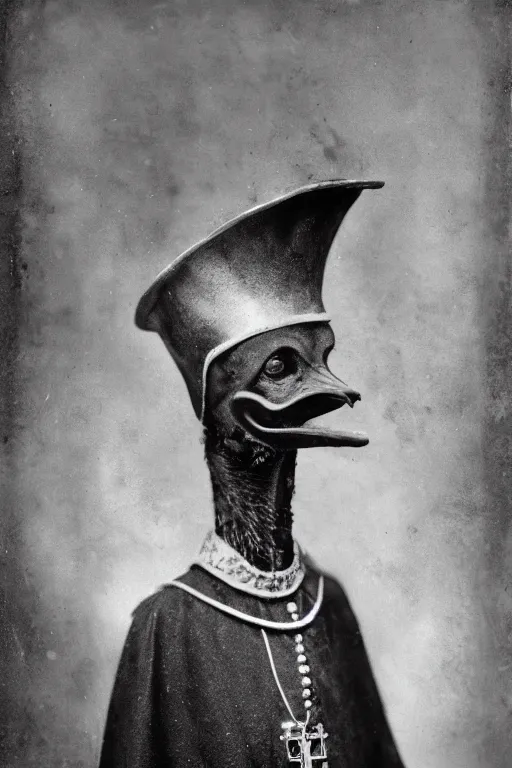 Image similar to a wet plate photo of an anthropomorphic ostrich pope