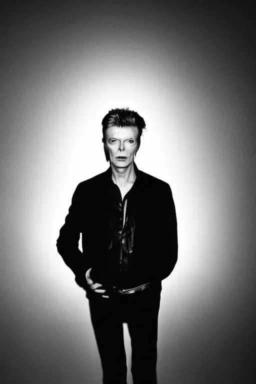 Prompt: david bowie with bright glowing eyes, staring into rhe camera, standing creepily in the middle of the room, black background, dark room, dramatic lighting