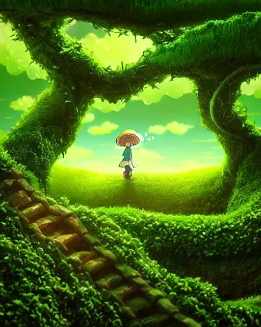 Image similar to beautiful fabulous magical diorama scene of a whimsical beanstalk growing up to the clouds, epic lighting, vines and moss, natural green in the style of studio ghibli hayao miyazaki jack and the beanstalk