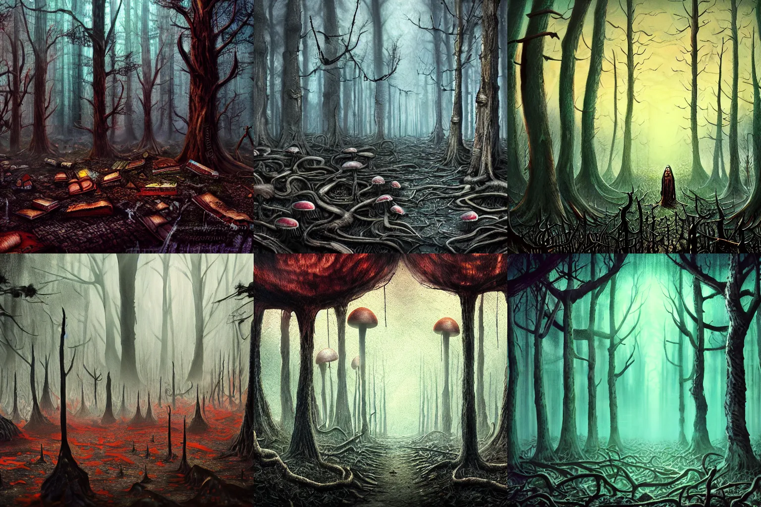 Prompt: a creepy forest of evil books moldering, decaying. dark toxic mushroom forest. style of lovecraft. horror fantasy concept art. oil painting. colorful and high detail. photo realistic. 8 k.