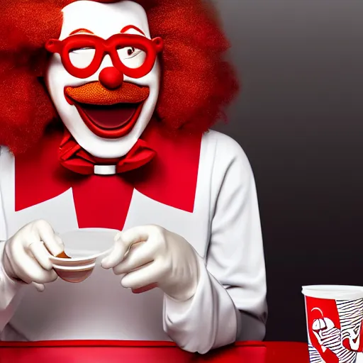 Image similar to A still of Ronald McDonald eating at KFC, 4k, photograph, ultra realistic, highly detailed, studio lighting