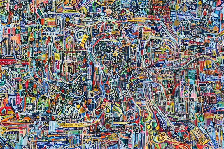 Prompt: an elaborate penned illustration of a colorful intricate connected city of tubes and pipes, by jan van haasteren