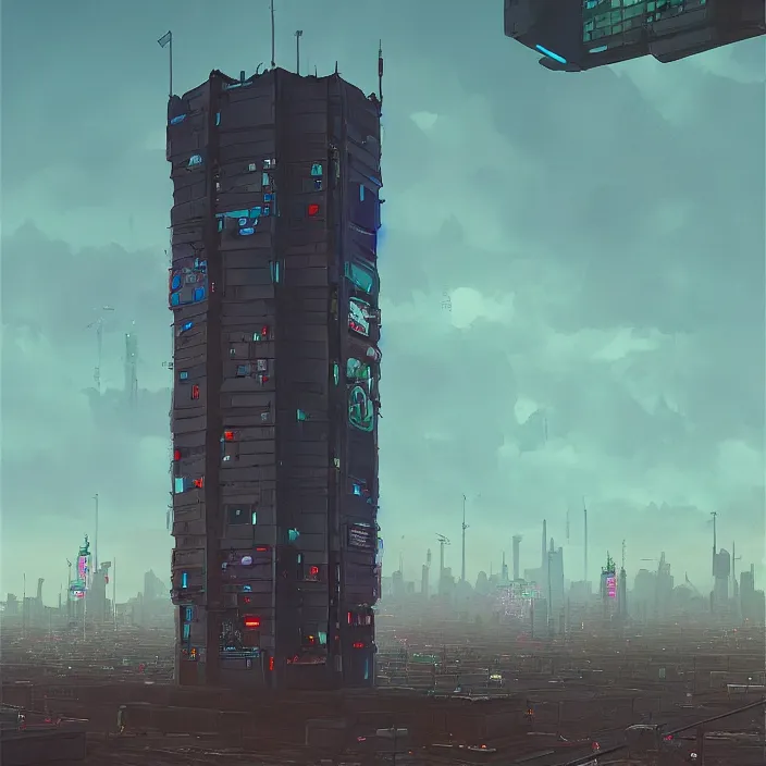 Prompt: Evil cyberpunk tower, reaching the clouds, with a cyberpunk street view below, art by Simon Stalenhag