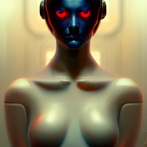 Image similar to Hacker cyberpunk Humanoid Robot portrait, highly detailed, digital painting, artstation, concept art, smooth, sharp focus, illustration, art by artgerm and greg rutkowski and alphonse mucha