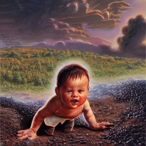 Prompt: a baby crawls toward a pile of burning coal, detailed and realistic matte painting by greg hildebrandt