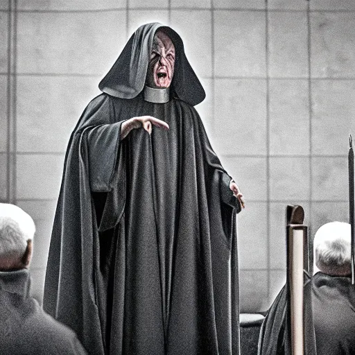 Image similar to emperor palpatine preaching to people at church, 8k cinematic lighting, very sharp detail, anatomically correct