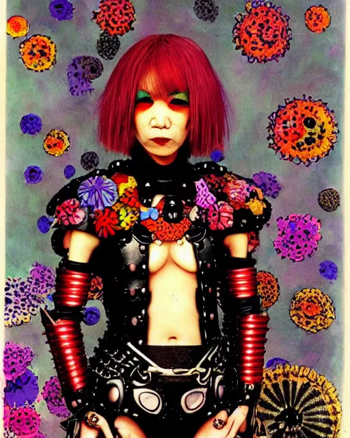 Image similar to portrait of a skinny punk goth yayoi kusama wearing armor by simon bisley, john blance, frank frazetta, fantasy, thief warrior, floral flowers colorful