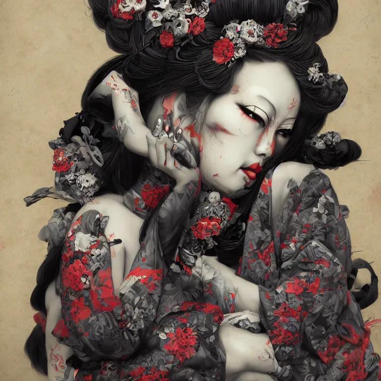 Prompt: disconfigured geisha, dark art by james jean, part by ross tran, part by ariduka 5 5, ultra realistic, high definition, 3 d render, masterpiece