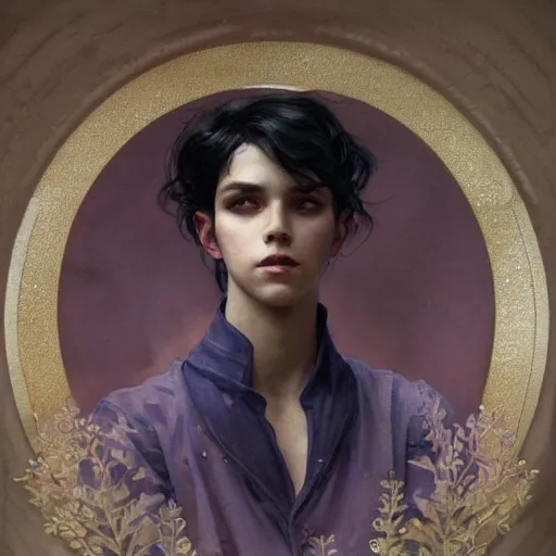 Prompt: young boy, black hair, purple eyes, gorgeous, amazing, delicate, elegant, intricate, highly detailed, watercolor, portrait, artstation, concept art, sharp focus, illustration, art by artherm and greg rutkowski and alphonse mucha