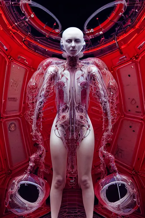 Image similar to background space station, red baroque inflateble dress iris van herpen positing on floor, helmet instead of a head, perfect symmetrical, full body shot, inflateble shapes, wires, tubes, veins, jellyfish, white biomechanical details, wearing epic bionic implants, masterpiece, intricate, biopunk, vogue, highly detailed, artstation, concept art