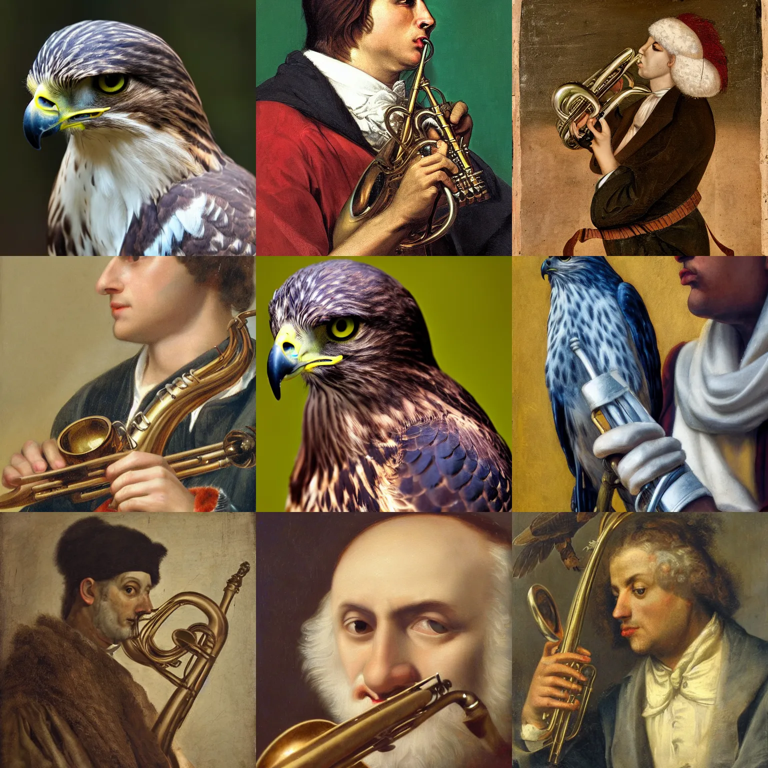 Prompt: portrait of an hawk bard holding a trumpet, close up