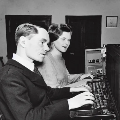 Image similar to alan turing with joan elisabeth lowther using a modern computer