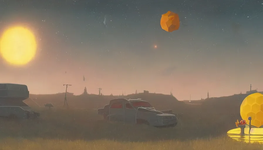 Image similar to hexagon floating in space in front of the sun, simon stalenhag