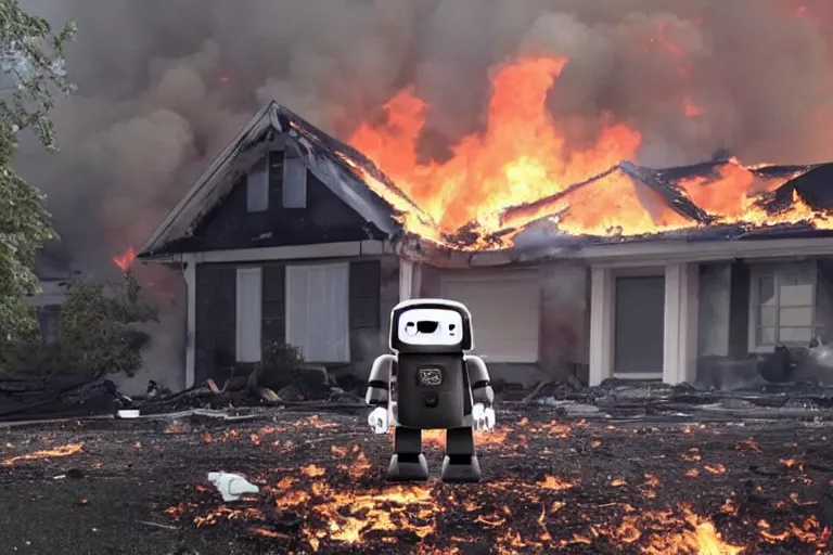 Prompt: <picture quality=4k-ultra-hd mode='attention grabbing'>Adorable fluffy robot looks into the camera sinisterly as a house burns behind it - inspired by Disaster Girl</picture>
