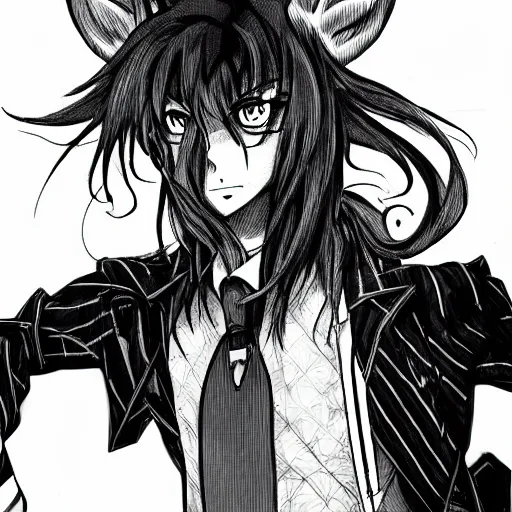 Image similar to close up of a male anthropomorphic fox furry with long hair, in the style of JoJo’s Bizarre Adventure, key manga ink line art