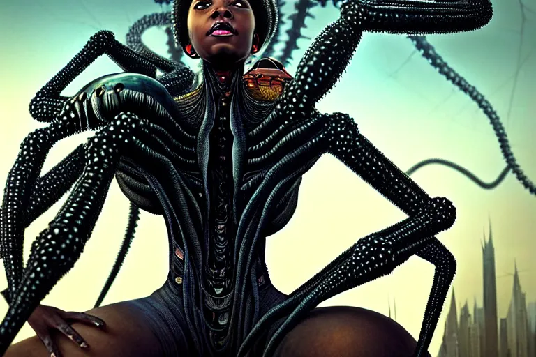 Prompt: realistic detailed closeup portrait movie shot of a beautiful black woman riding a giant spider, dystopian city landscape background by denis villeneuve, amano, yves tanguy, alphonse mucha, max ernst, ernst haeckel, edward robert hughes, roger dean, cyber necklace, rich moody colours, sci fi patterns, wide angle