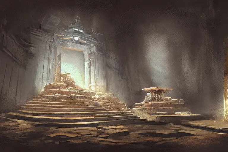 Image similar to “Ancient underground temple in dim lighting, concept art, digital painting by Shaddy Safadi”