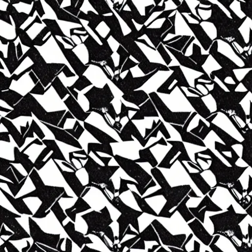 Image similar to lots and lots of black and white tessellating African wild dogs by Escher