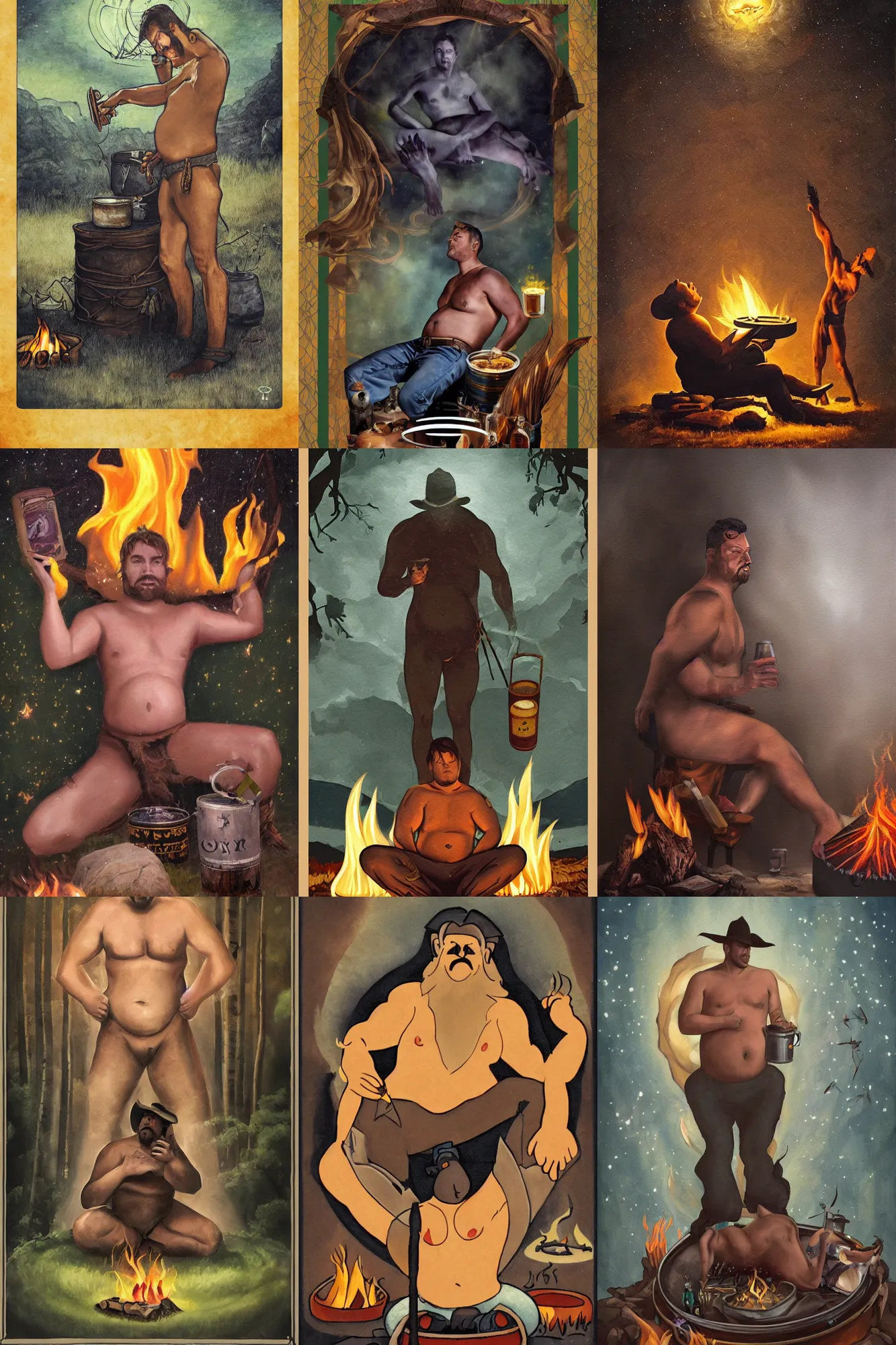 Prompt: an ethereal dreamy dark tarot card painting of a shirtless handsome goofy cowboy with a chubby build and belly | sitting | background is a serene campfire | tin cans and jugs of whisky | tarot card, art deco, art nouveau | by Mark Maggiori | trending on artstation