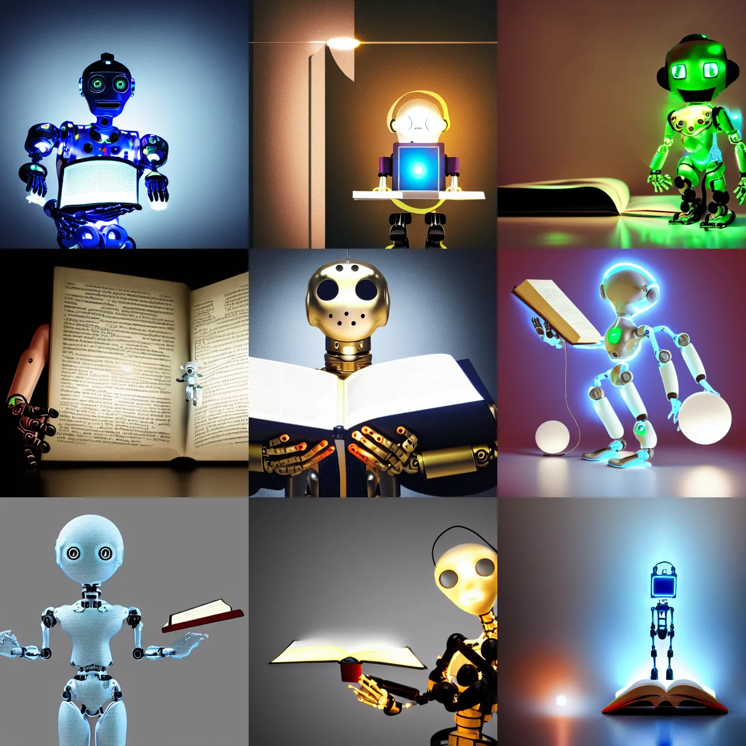 Prompt: unchained robotic humanoid holding a glowing book