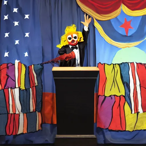 Prompt: puppet show with a puppeteer using a string marionette of a president with clown makeup in a podium