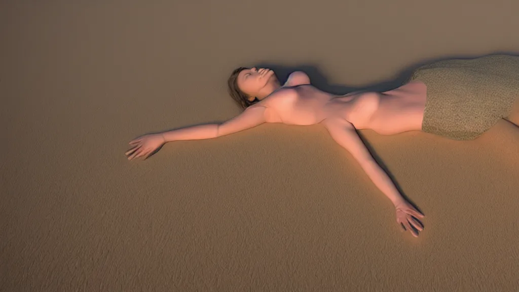 Prompt: a woman laying supine on sand dunes, in the style of jim warren, surreal, intricate, accurate facial details, volumetric lighting