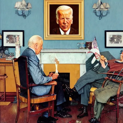 Prompt: eye level realistic portrait painting by Norman Rockwell of Joe Biden sitting in a chair. Cozy fire. Legs apart