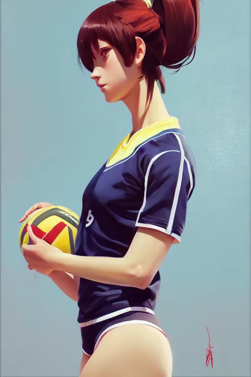 Image similar to A ultradetailed beautiful panting of a stylish woman wearing a volleyball jersey, Oil painting, by Ilya Kuvshinov, Greg Rutkowski and Makoto Shinkai