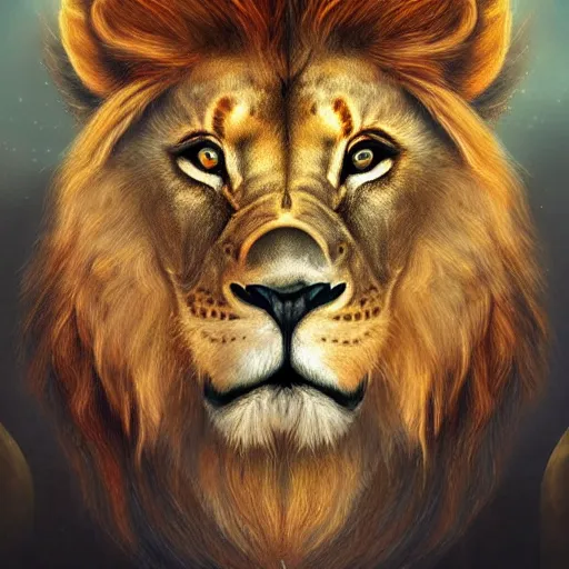 Prompt: A surrealistic and highly detailed painting of a lion with an angel's wing, digital painting, artstation, beautiful, majestic, highly realistic, by Ricardo Ow