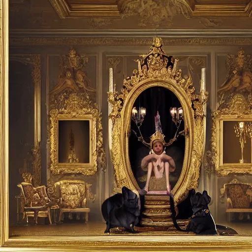 Image similar to 8k highly detailed oil matte painting by Charles Landelle of A French Bulldog King, decadent throne room, the other animals prostrate themselves before the throne