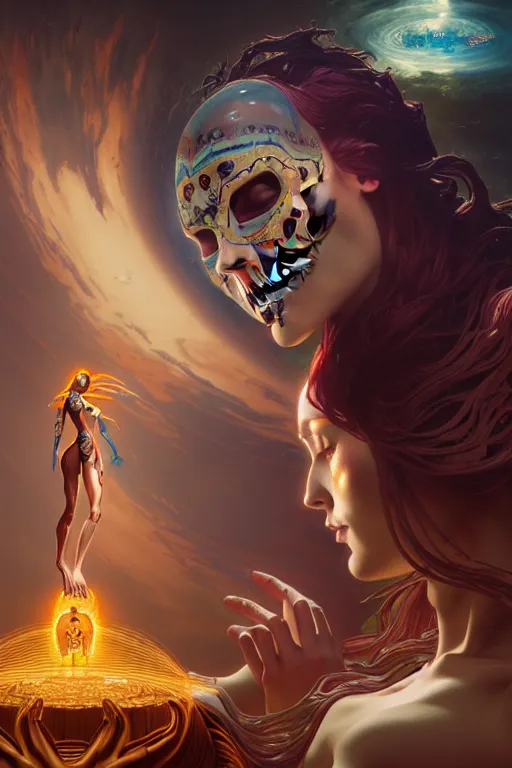 Image similar to the creation of adam, ultra detailed female android deity, scifi, octane render, ( dia de los muertos ), matte painting, asymmetrical, intricate concept art, triadic color scheme, art by artgerm and michelangelo and dzo and greg rutkowski and alphonse mucha and wlop